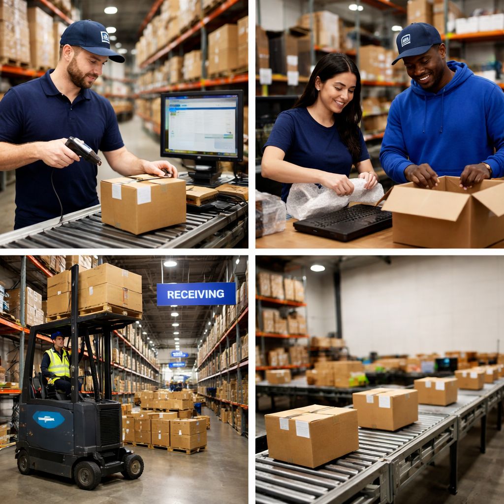 Fulfilment operations collage: warehousing, packing, receiving, and delivery